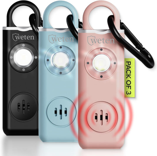 Rechargeable Personal Safety Alarm for Women, 3 Pack, Black Pink Blue